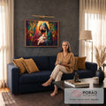 Quadro Decorativo Grande Sagrada Família Dourado para Sala | quadros decorativos para sala de estar | homem e mulher com véu abraçam bebê adormecido com auréola em mosaico geométrico colorido | em ambiente 3 | Porao dos Quadros