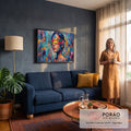 Mulher de olhos vendados por faixa colorida, óleo com espátula em fundo abstrato azul turquesa, quadro decorativo