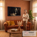 Pintura a óleo de peão de xadrez diante de espelho oval que reflete um rei, fundo escuro, quadro decorativo