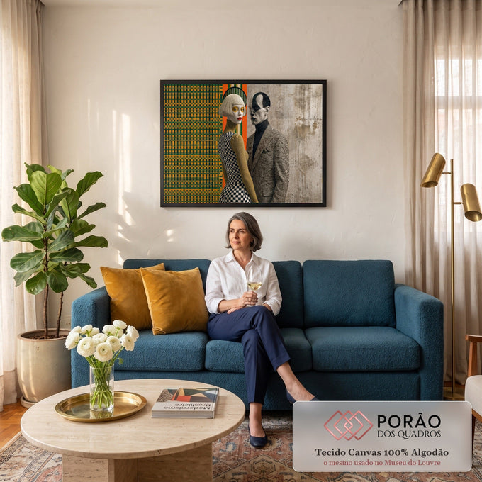 Quadro Decorativo Grande Casal Estilizado Preto para Sala | quadros decorativos para sala de estar | mulher de peruca loira e vestido xadrez ao lado de homem com rosto pintado em preto e branco | em ambiente 3 | Porao dos Quadros