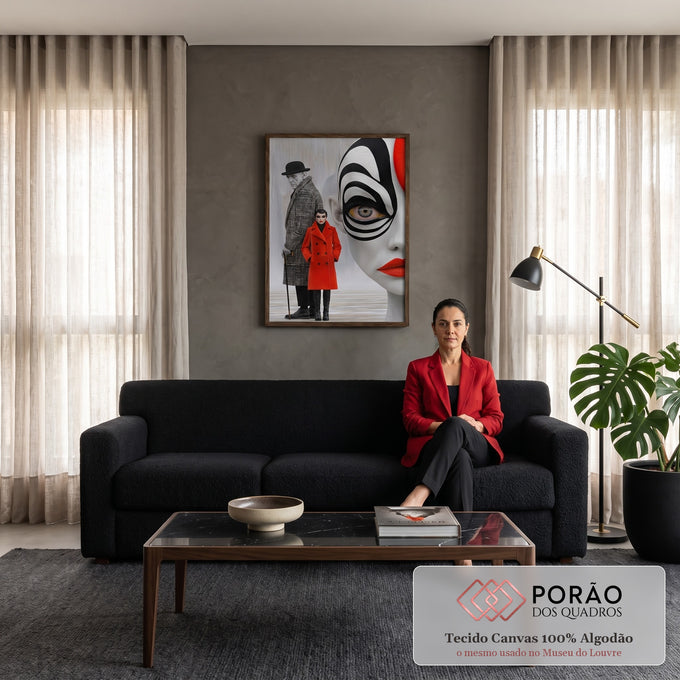 Rosto gigante pintado em listras pretas, batom vermelho e casal vintage de casaco, quadro decorativo