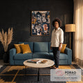 Multidão de rostos expressionistas em preto, azul, ocre e salmão com pinceladas grossas, quadro decorativo