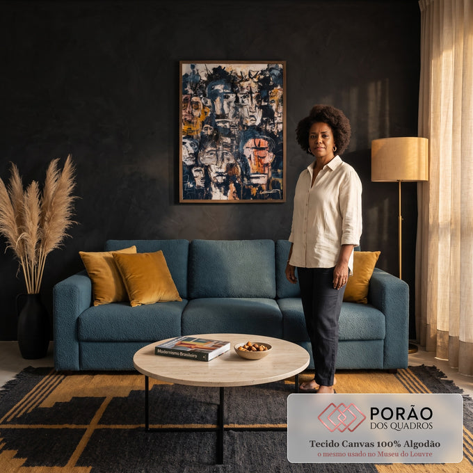 Multidão de rostos expressionistas em preto, azul, ocre e salmão com pinceladas grossas, quadro decorativo