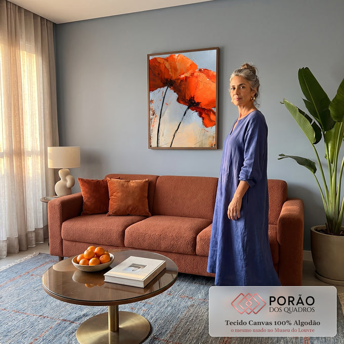 Quadro Decorativo Papoulas Vermelhas em Pinceladas | quadros decorativos | duas papoulas vermelho-alaranjadas com centros pretos em pintura texturizada | em Quadros para Quarto | Porao dos Quadros