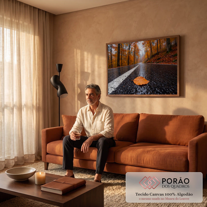 Folha laranja molhada sobre estrada de asfalto em floresta de outono com neblina, quadro decorativo