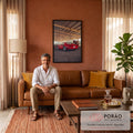 Carro clássico vermelho e cavalo marrom em picadeiro coberto com vigas de madeira, quadro decorativo