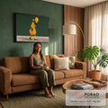 Quadro Decorativo Grande Figura com Sobretudo para Sala | quadros decorativos para sala de estar | figura de sobretudo xadrez amarelo segurando balão amarelo sobre fundo verde escuro | em ambiente 3 | Porao dos Quadros