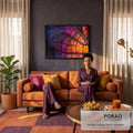 Fotografia macro de folha em contraluz com nervuras em degradê roxo, rosa e laranja, quadro decorativo