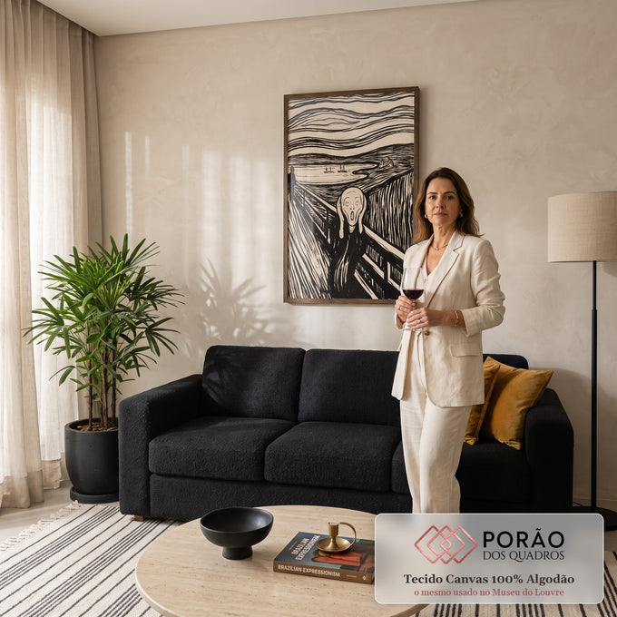 Quadro Decorativo Grande Grito de Edvard para Sala Preto | quadros decorativos para sala de estar | figura gritando de mãos no rosto sobre ponte, ilustração preto e branco de linhas onduladas | em ambiente 3 | Porao dos Quadros