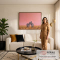 Pintura a óleo de duas zebras abraçadas no capim dourado sob céu rosa, quadro decorativo