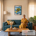 Peixe feito de folhas verdes e amarelas nadando entre ondas de papel azul com bolhas, quadro decorativo