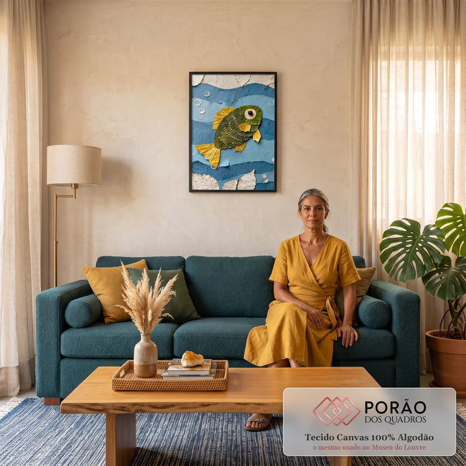 Peixe feito de folhas verdes e amarelas nadando entre ondas de papel azul com bolhas, quadro decorativo