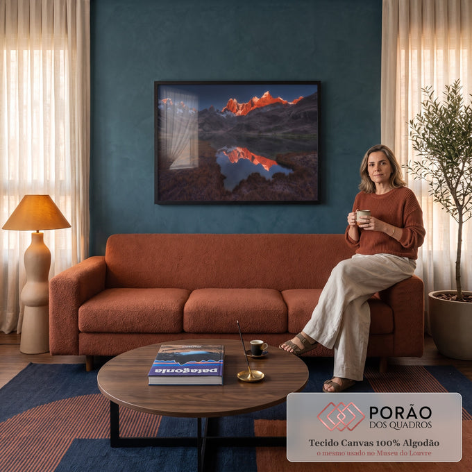 Quadro Decorativo Grande Montanhas Alaranjadas para Sala | quadros decorativos para sala de estar | cordilheira alaranjada pelo pôr do sol refletida em lago cristalino ao entardecer | em ambiente 3 | Porao dos Quadros