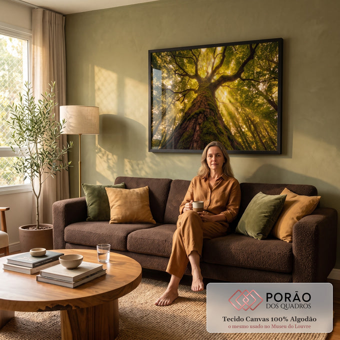 Quadro Decorativo Grande Árvore com Musgo Verde para Sala | quadros decorativos para sala de estar | tronco coberto de musgo visto de baixo com copa dourada e raios de sol | em ambiente 3 | Porao dos Quadros