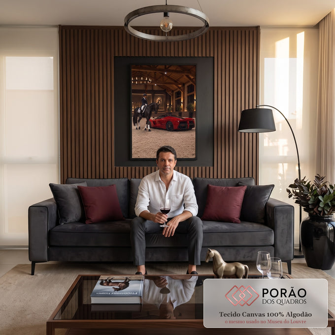 Quadro Decorativo Grande Cavaleira e Carro para Sala Preto | quadros decorativos para sala de estar | cavaleira em traje preto montada em cavalo negro ao lado de carro esportivo vermelho em arena coberta | em ambiente 3 | Porao dos Quadros