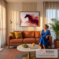 Quadro Decorativo Grande Cavalo em Silhueta para Sala | quadros decorativos para sala de estar | silhueta de cavalo com crina transformada em véus vermelhos translúcidos sobre fundo claro | em ambiente 3 | Porao dos Quadros