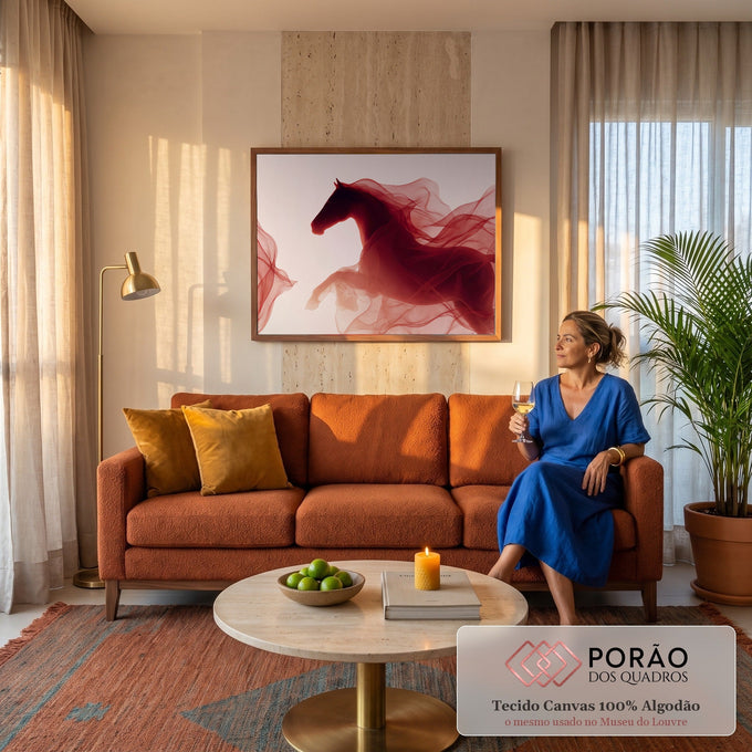 Quadro Decorativo Grande Cavalo em Silhueta para Sala | quadros decorativos para sala de estar | silhueta de cavalo com crina transformada em véus vermelhos translúcidos sobre fundo claro | em ambiente 3 | Porao dos Quadros