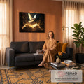 Pomba branca do Espírito Santo voando sobre Bíblia aberta com luz dourada em fundo escuro, quadro decorativo