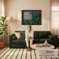 Quadro Decorativo Grande Floresta de Pinheiros para Sala | quadros decorativos para sala de estar | vista aérea de floresta densa de pinheiros verdes com pequena figura solitária de branco | em ambiente 3 | Porao dos Quadros