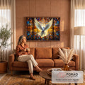 Quadro Decorativo Grande Pomba Branca para Sala Branco | quadros decorativos para sala de estar | pomba branca de asas abertas diante de vitral colorido em tons dourados e azuis | em ambiente 3 | Porao dos Quadros