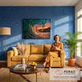 Quadro Decorativo Grande Onda do Mar para Sala Verde | quadros decorativos para sala de estar | túnel de onda verde-azulada com Golden Gate Bridge ao pôr do sol | em ambiente 3 | Porao dos Quadros