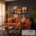 Quadro Decorativo Kit 3 Telas Pôr do Sol Natureza para Sala | quadros decorativos para sala de estar | tríptico de pôr do sol com lago, dente-de-leão e árvore refletida em tons laranja | em ambiente 3 | Porao dos Quadros