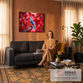 Pássaro gaio-azul pousado em galho com fundo vermelho de outono desfocado, quadro decorativo