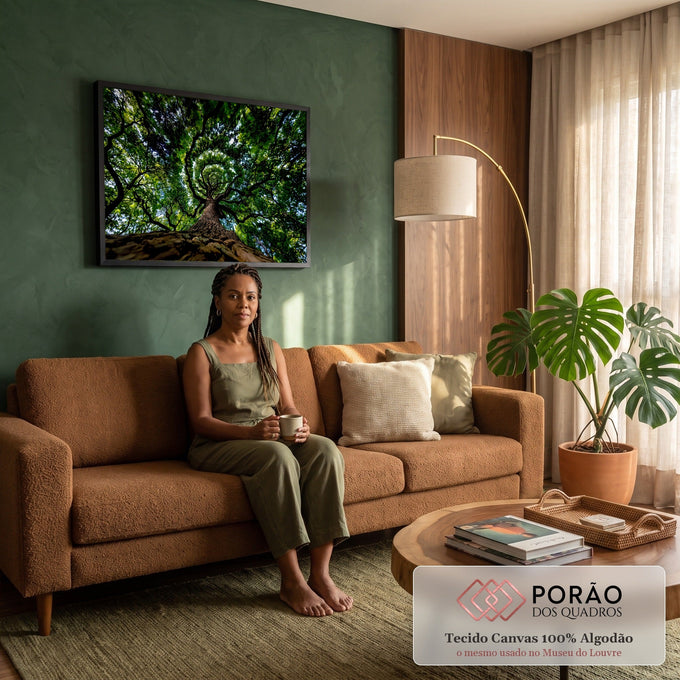 Quadro Decorativo Grande Copa de Árvore Folhas para Sala | quadros decorativos para sala de estar | vista de baixo para cima de árvore com galhos em espiral e folhagem verde densa | em ambiente 3 | Porao dos Quadros