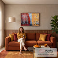 Quadro Decorativo Grande Floresta Bétulas Outono para Sala | quadros decorativos para sala de estar | floresta de bétulas com folhagem vermelha de um lado e dourada do outro | em ambiente 3 | Porao dos Quadros