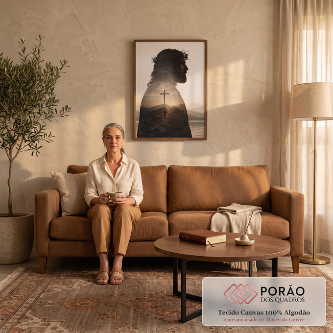 Quadro Decorativo Grande Jesus Marrom para Sala | quadros decorativos para sala de estar | perfil de Jesus com coroa de espinhos em dupla exposição com cruz e pôr do sol | em ambiente 3 | Porao dos Quadros