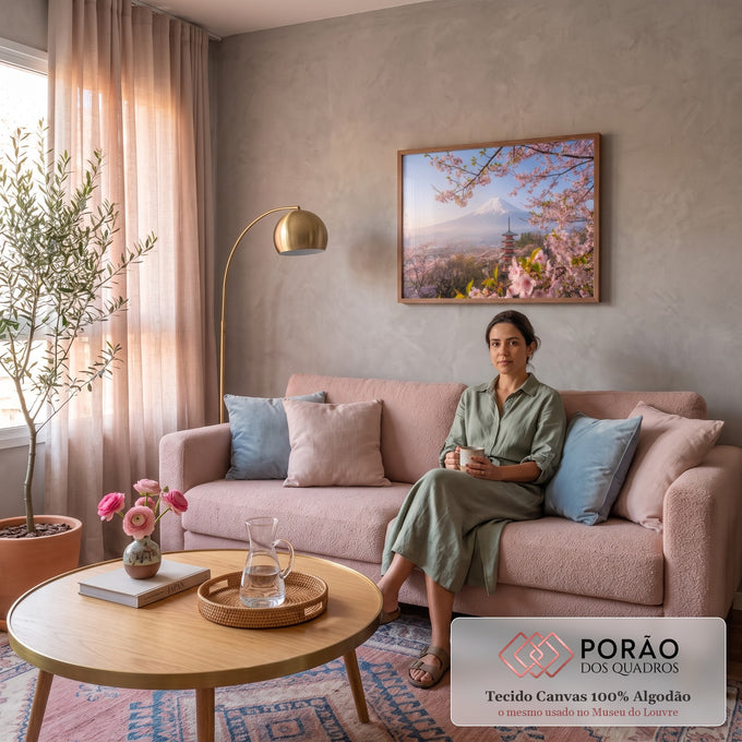 Monte Fuji nevado com pagoda vermelha e galhos de cerejeira em flor rosa na primavera, quadro decorativo