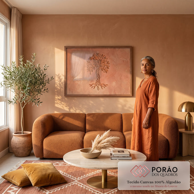 Quadro Decorativo Grande Árvore da Relevo para Sala Dourado | quadros decorativos para sala de estar | árvore da vida dourada em relevo sobre fundo terracota texturizado | em ambiente 3 | Porao dos Quadros