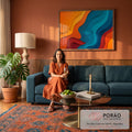 Quadro Decorativo Grande Ondas Abstratas para Sala Laranja | quadros decorativos | camadas onduladas abstratas em laranja, azul e vermelho estilo recorte de papel | em ambiente 2 | Porao dos Quadros
