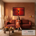Quadro Decorativo Grande Pato Voando para Sala Vermelho | quadros decorativos para sala de estar | pato em voo sobre lago com céu vermelho intenso e sol ao fundo | em ambiente 3 | Porao dos Quadros