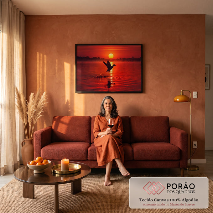 Quadro Decorativo Grande Pato Voando para Sala Vermelho | quadros decorativos para sala de estar | pato em voo sobre lago com céu vermelho intenso e sol ao fundo | em ambiente 3 | Porao dos Quadros