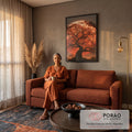 Quadro Decorativo Árvore Seca Silhueta com Lua Vermelha | quadros decorativos para sala de estar | árvore retorcida em silhueta preta contra lua gigante laranja avermelhada | em ambiente 3 | Porao dos Quadros