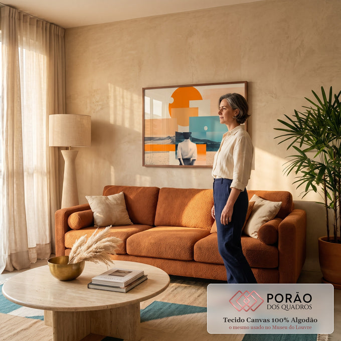 Colagem retrô de mulher de costas olhando o mar, com sol laranja, lua e areia da praia, quadro decorativo