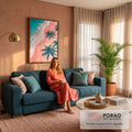 Quadro Decorativo Grande Praia Tropical para Sala Azul | quadros decorativos para sala de estar | vista aérea de praia com mar turquesa, areia rosa e palmeiras em silhueta | em ambiente 3 | Porao dos Quadros