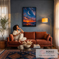 Pôr do sol laranja sobre mar com ilhas, lua crescente e Via Láctea no céu estrelado, quadro decorativo
