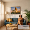 Quadro Decorativo Grande Girassol ao Pôr do Sol para Sala | quadros decorativos para sala de estar | girassol em destaque sobre campo de girassóis ao pôr do sol | em ambiente 3 | Porao dos Quadros