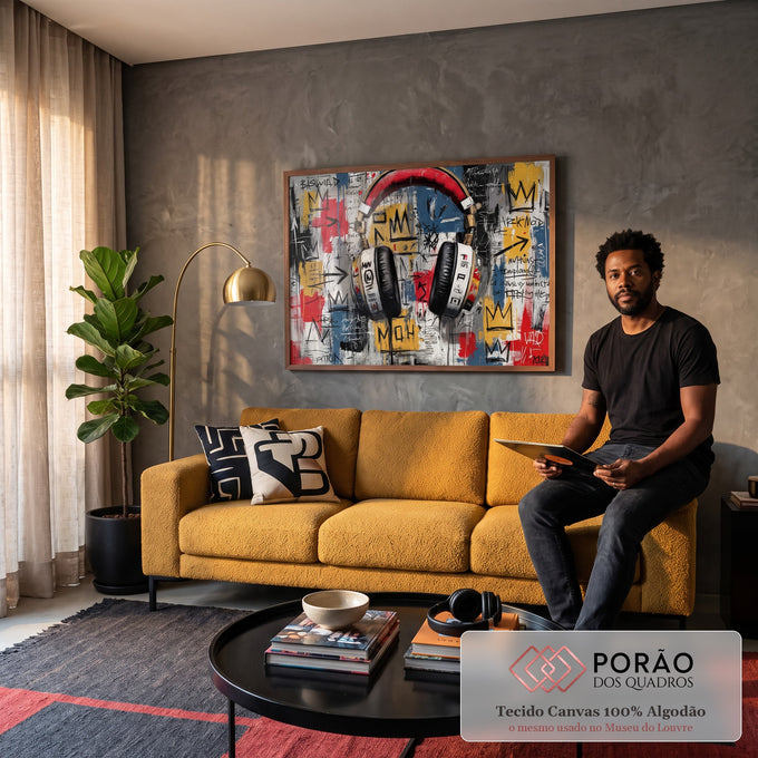 Quadro Decorativo Grande Fone de Ouvido para Sala Vermelho | quadros decorativos para sala de estar | fone de ouvido vermelho e preto em fundo grafite colorido com coroas e rabiscos | em ambiente 3 | Porao dos Quadros