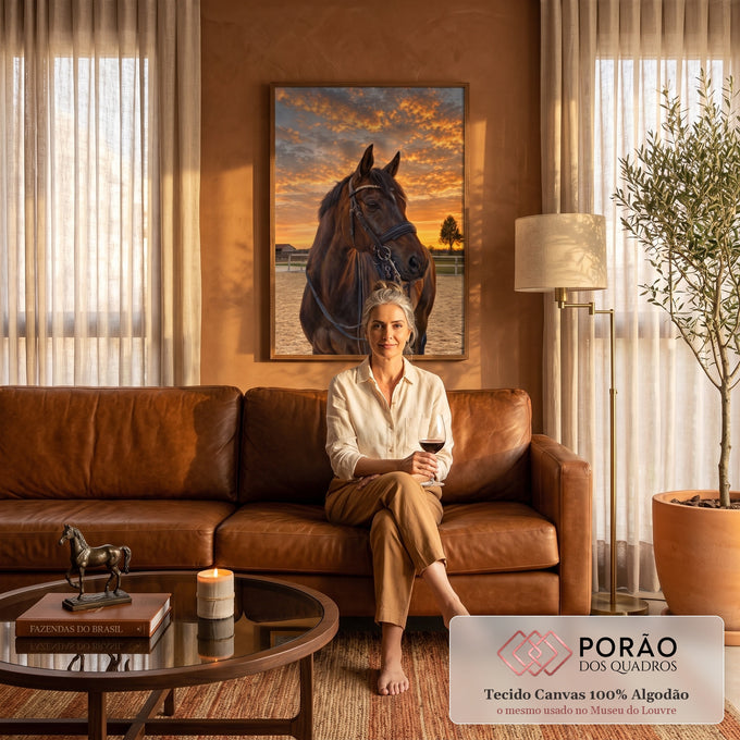 Quadro Decorativo Grande Cavalo Baio para Sala Marrom | quadros decorativos para sala de estar | cavalo castanho com brida preta sob céu de pôr do sol laranja intenso | em ambiente 3 | Porao dos Quadros