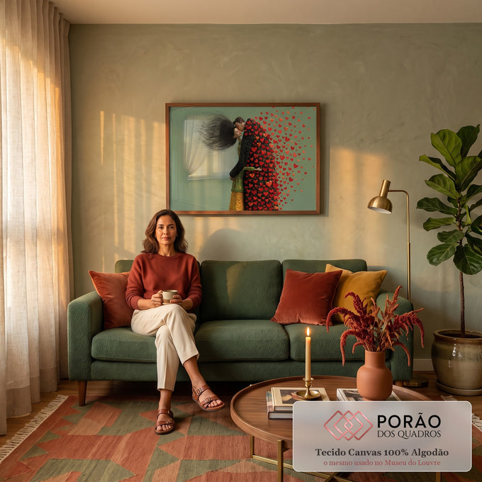 Casal abraçado com beijo na testa e corações vermelhos voando sobre fundo verde, quadro decorativo