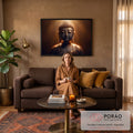 Quadro Decorativo Grande Buda em Meditação para Sala Dourado | quadros decorativos para sala de estar | busto de estátua de Buda em bronze escuro com luz dourada e partículas suspensas | em ambiente 3 | Porao dos Quadros