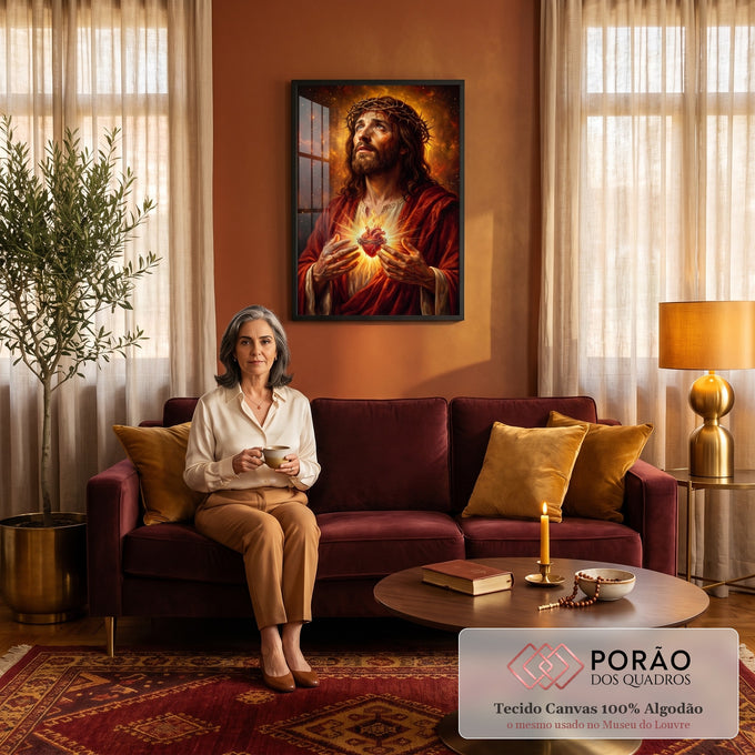 Quadro Decorativo Grande Sagrado Coração Formatos para Sala | quadros decorativos para sala de estar | Jesus Cristo com coroa de espinhos segurando coração sagrado em chamas douradas | em ambiente 3 | Porao dos Quadros