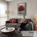 Quadro Decorativo Árvore Vermelha na Neblina da Floresta | quadros decorativos para sala de estar | árvore isolada com folhagem vermelha vibrante em meio a floresta nevoada e enevoada | em ambiente 3 | Porao dos Quadros