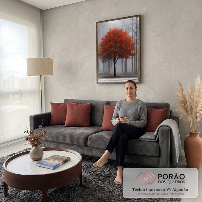 Quadro Decorativo Árvore Vermelha na Neblina da Floresta | quadros decorativos para sala de estar | árvore isolada com folhagem vermelha vibrante em meio a floresta nevoada e enevoada | em ambiente 3 | Porao dos Quadros