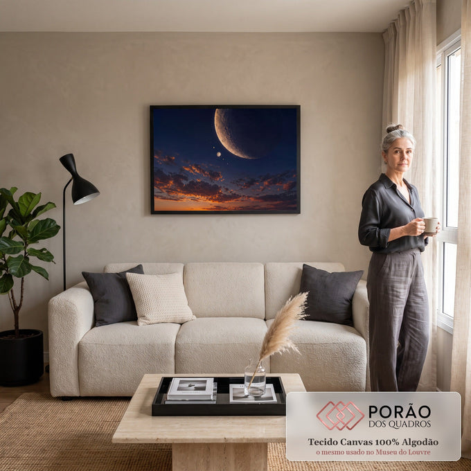 Quadro Decorativo Grande Lua Gigante para Sala Azul | quadros decorativos para sala de estar | lua crescente gigante e planeta com luas sobre céu de pôr do sol alaranjado | em ambiente 3 | Porao dos Quadros