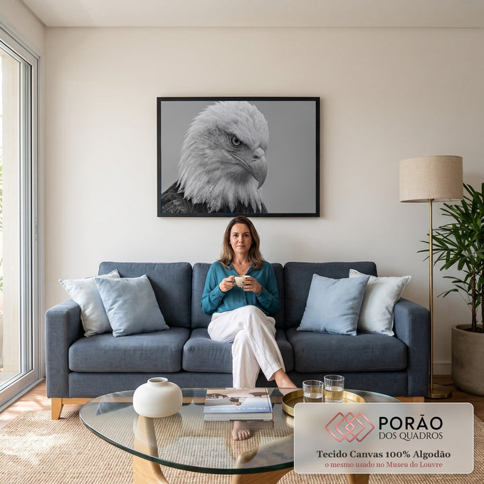 Quadro Decorativo Grande Águia Americana Preto para Sala | quadros decorativos para sala de estar | retrato em preto e branco de águia de cabeça branca com gota no bico | em ambiente 3 | Porao dos Quadros