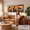 Quadro Decorativo Kit 3 Telas Pôr do Sol Paisagem para Sala | quadros decorativos para sala de estar | tríptico com árvore à beira do rio, girassol à praia e savana ao pôr do sol | em ambiente 3 | Porao dos Quadros